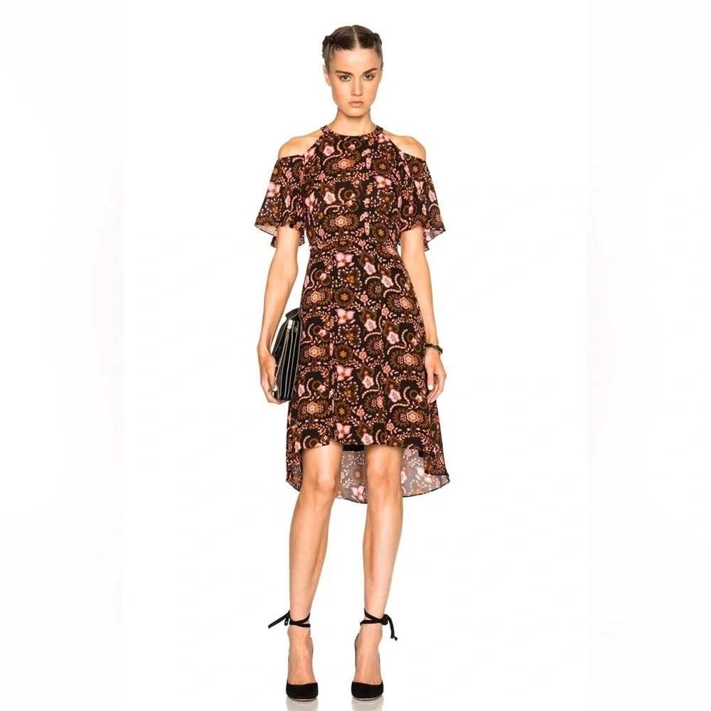 NWOT A.L.C. Emile Floral Cold Shoulder Silk Dress Black Henna Pink  Women’s 4